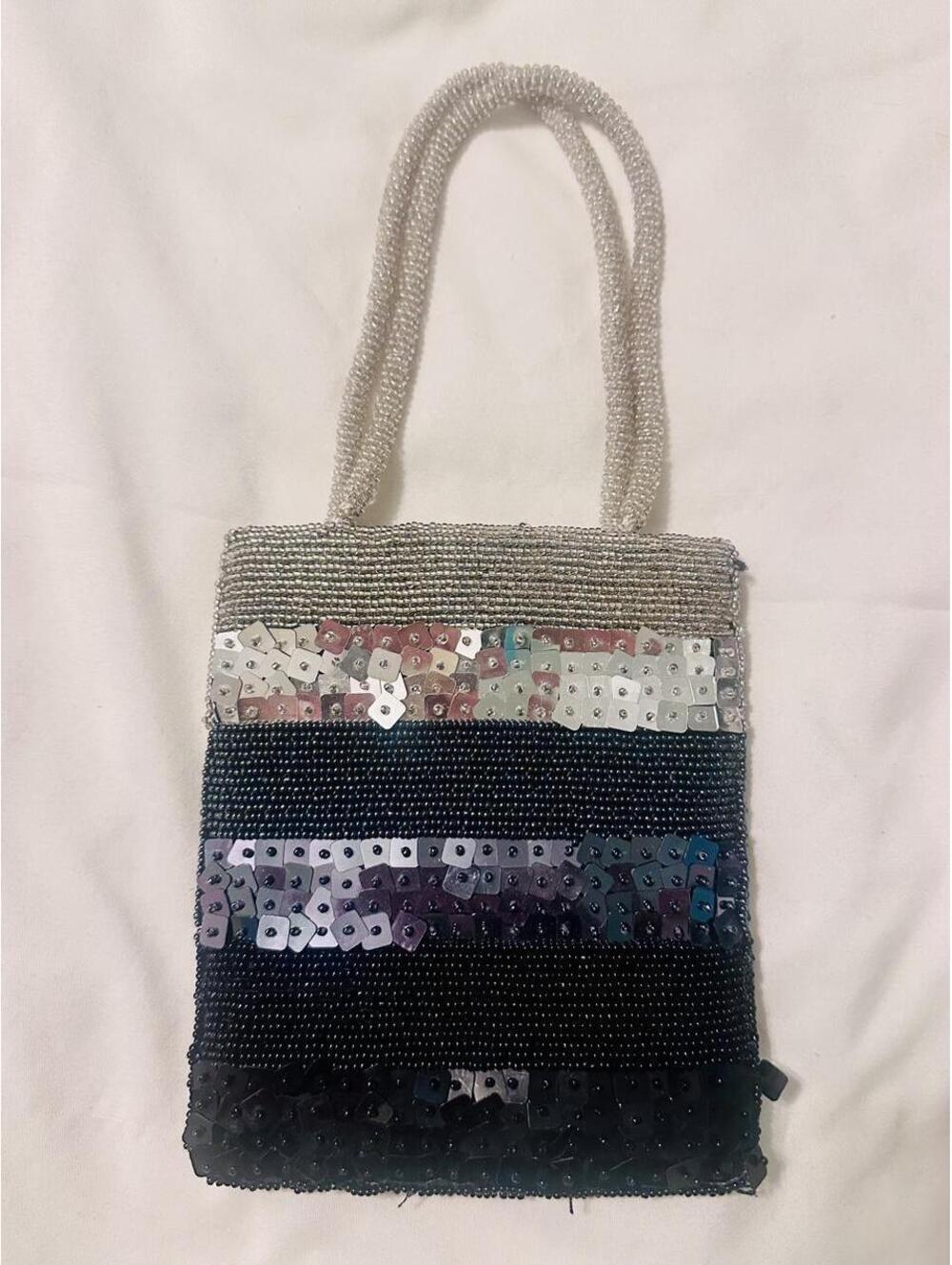 Vintage beaded small purse. Black, dark blue & silver sequin.